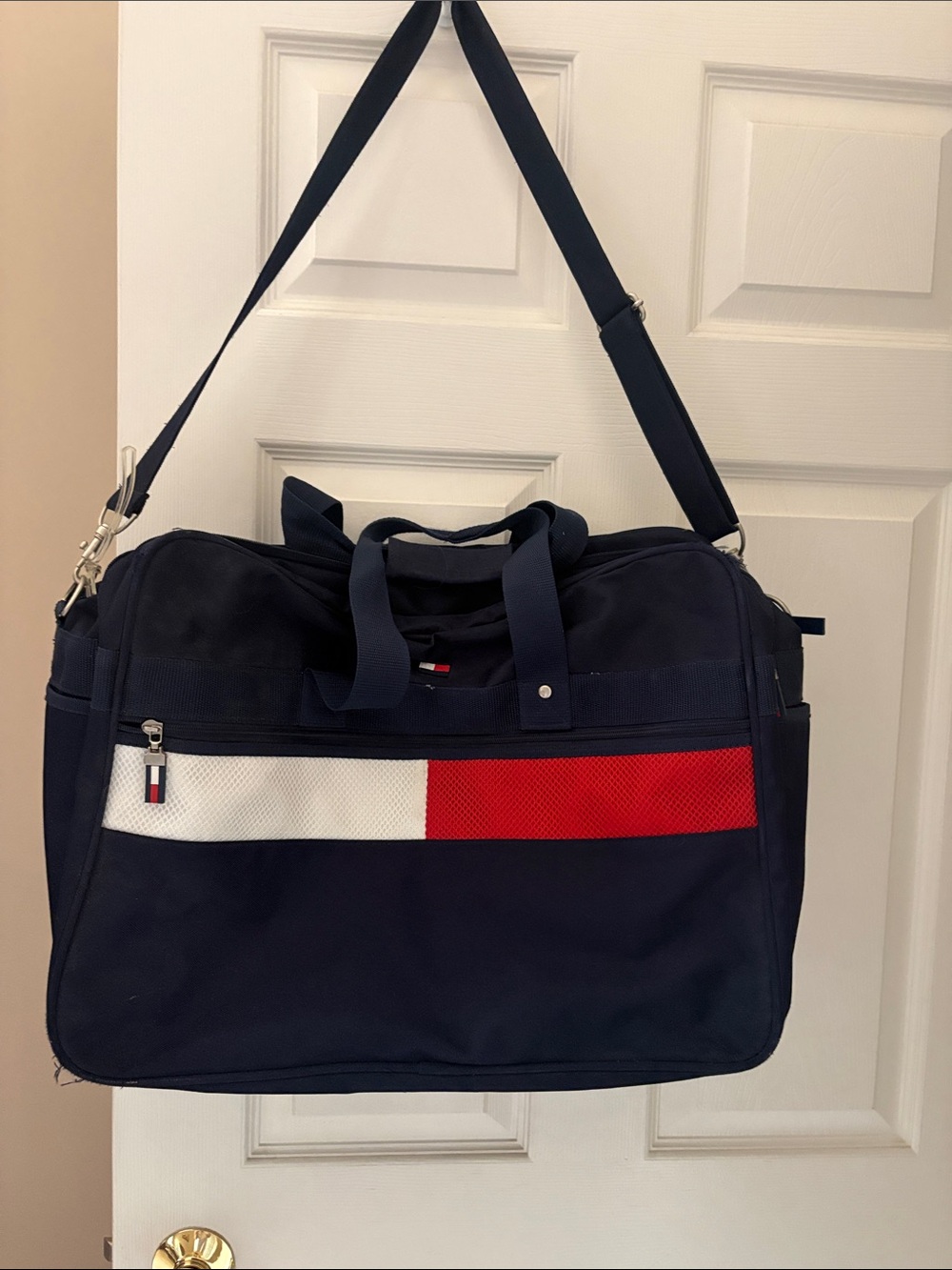 Tommy Hilfiger Navy Red White Logo-Strip Duffel Bag
